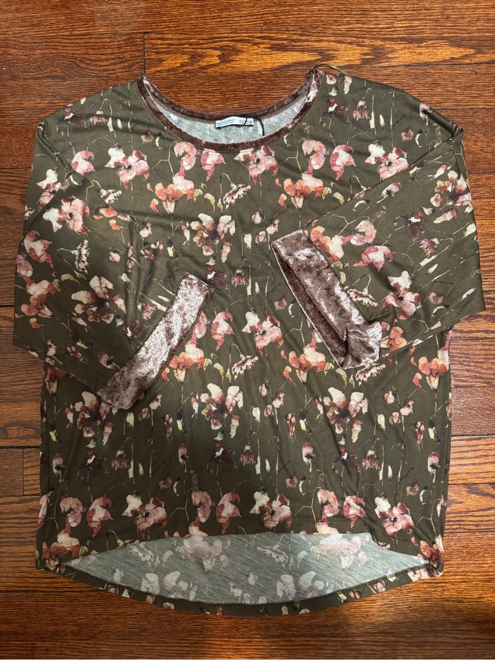 Zara Olive Floral 3/4 Sleeve Top with Velvet Cuffs